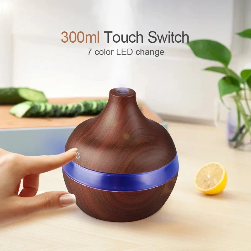 جهاز ترطيب هواء كهربائي وموزع روائح عطري بتصميم خشبي، يعمل بـالموجات فوق الصوتية، صانع رذاذ بارد للزيوت العطرية والعلاج با