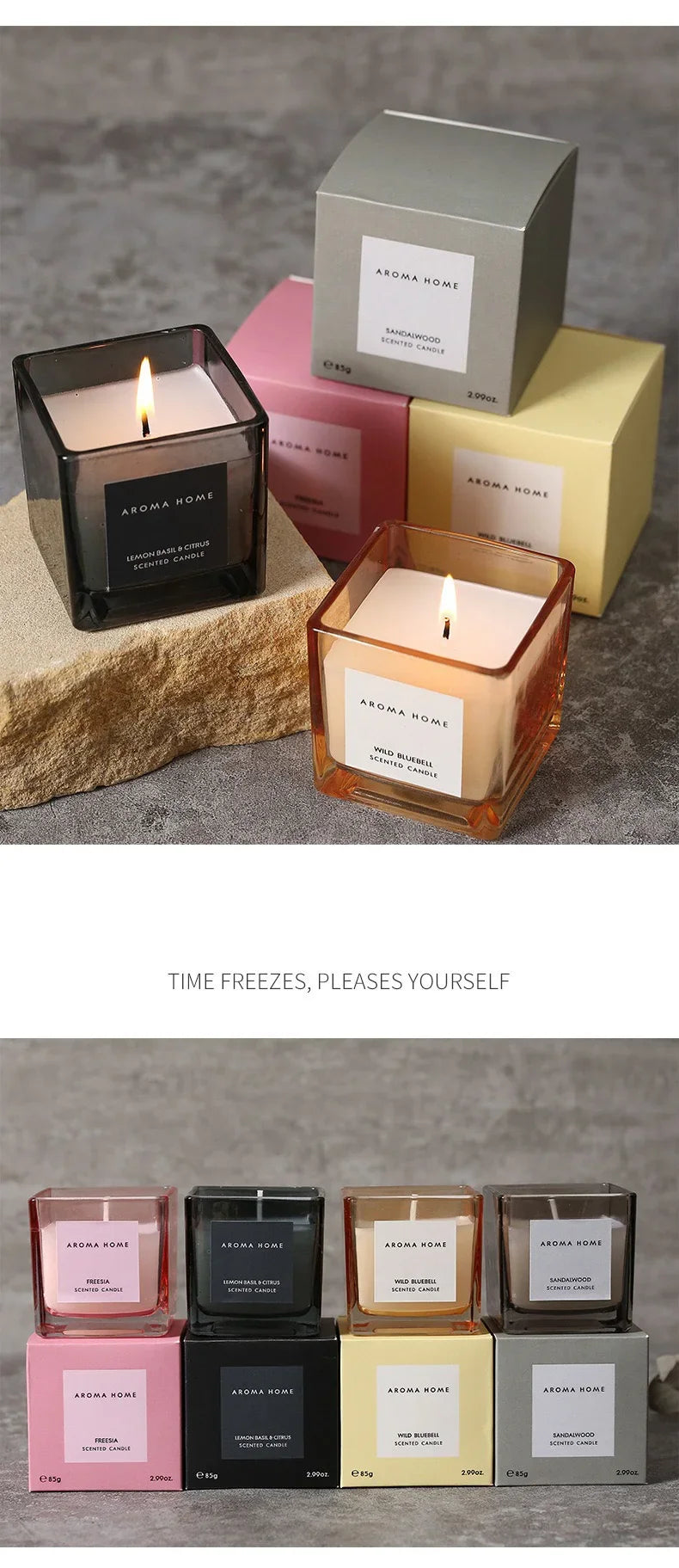 شمعة معطرة في وعاء زجاجي مربع وعتيق.