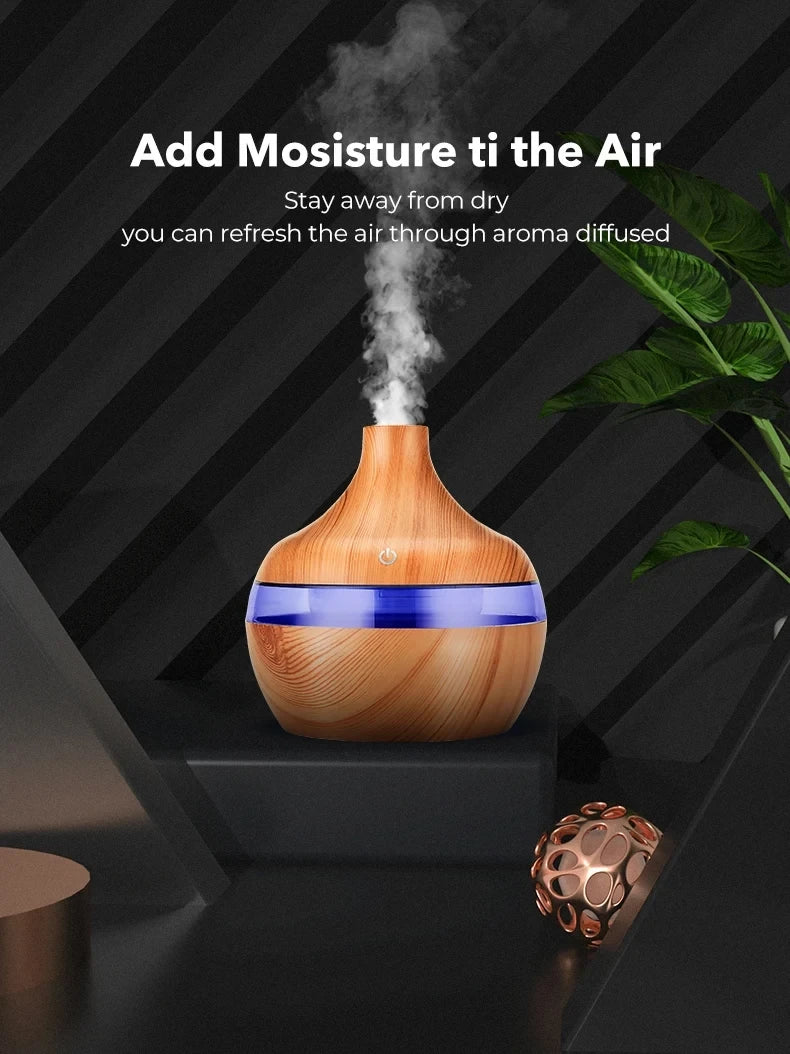 جهاز ترطيب هواء كهربائي وموزع روائح عطري بتصميم خشبي، يعمل بـالموجات فوق الصوتية، صانع رذاذ بارد للزيوت العطرية والعلاج با