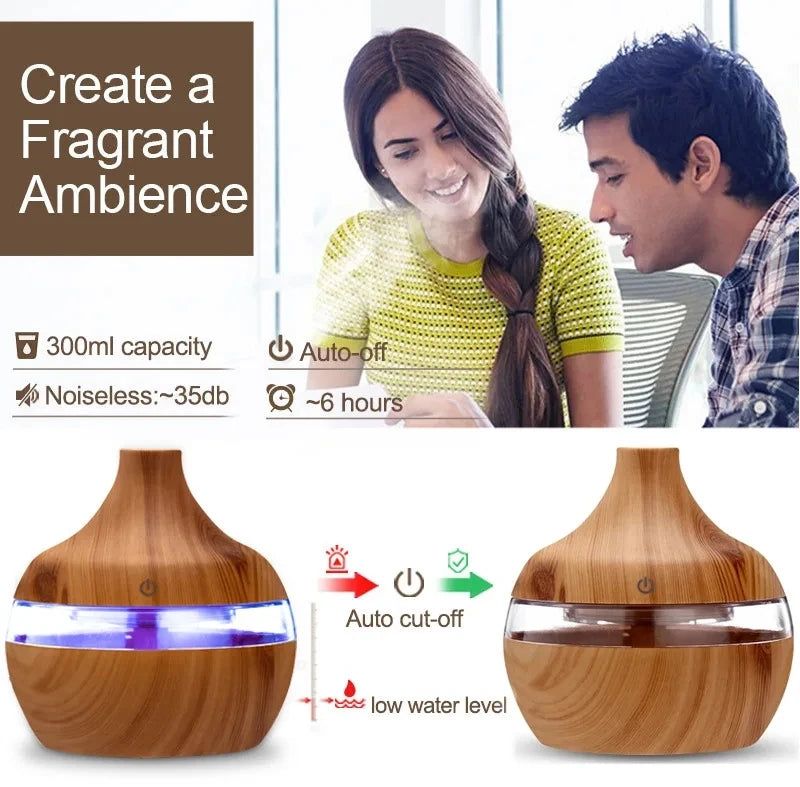جهاز ترطيب هواء كهربائي وموزع روائح عطري بتصميم خشبي، يعمل بـالموجات فوق الصوتية، صانع رذاذ بارد للزيوت العطرية والعلاج با