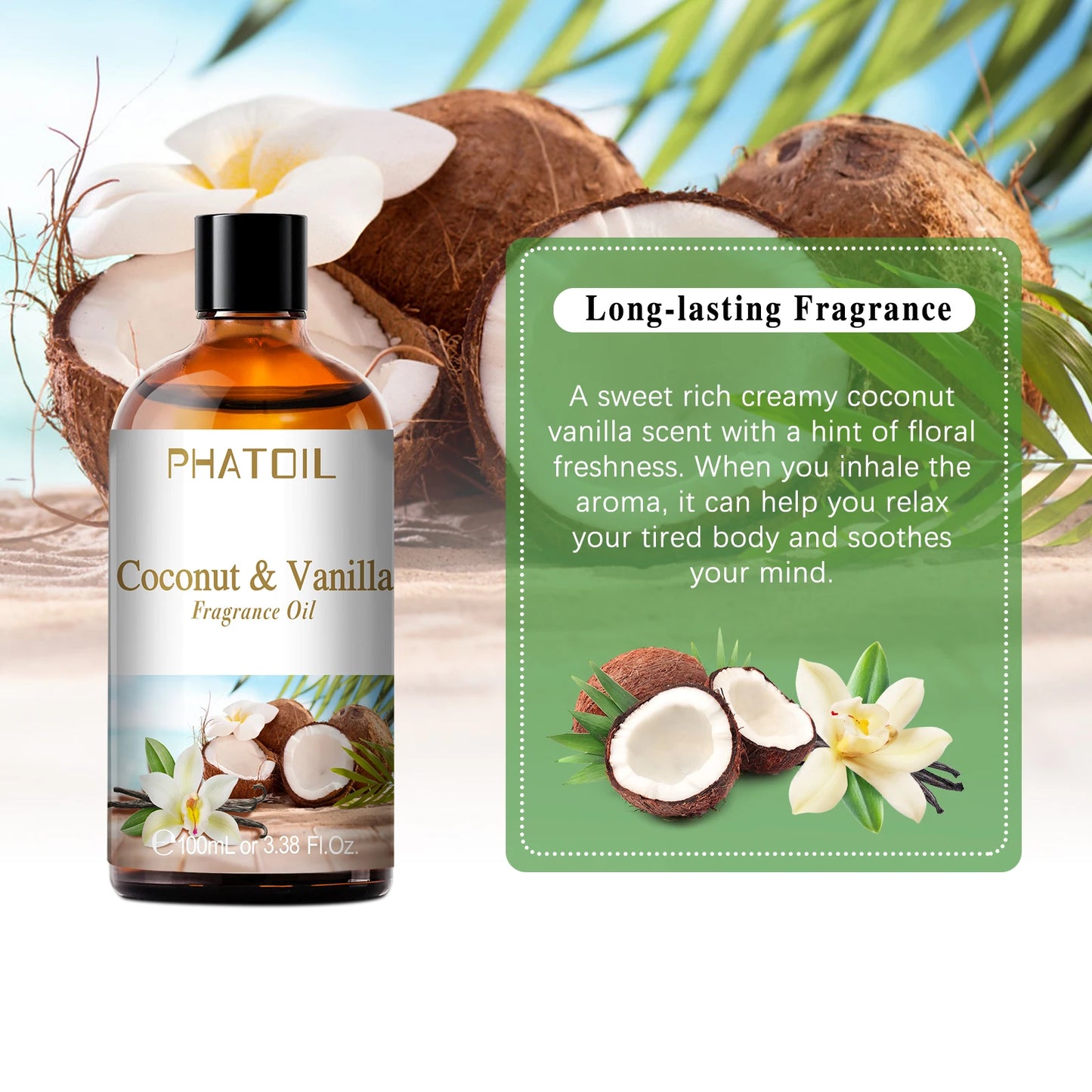 زيت عطري عطري للعلاج بالروائح بسعة 100 مل، بروائح جوز الهند والفانيليا، الفراولة، الكرز، و الليمون، متوفر بـ 1 / 2 / 3 قطع، مخصص