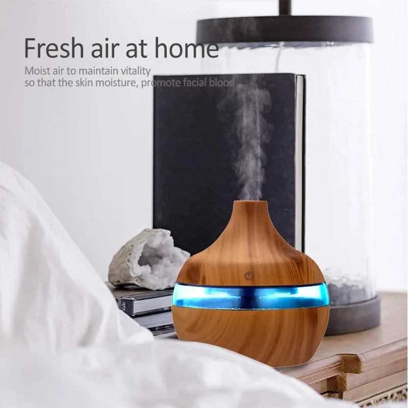 جهاز ترطيب هواء كهربائي وموزع روائح عطري بتصميم خشبي، يعمل بـالموجات فوق الصوتية، صانع رذاذ بارد للزيوت العطرية والعلاج با