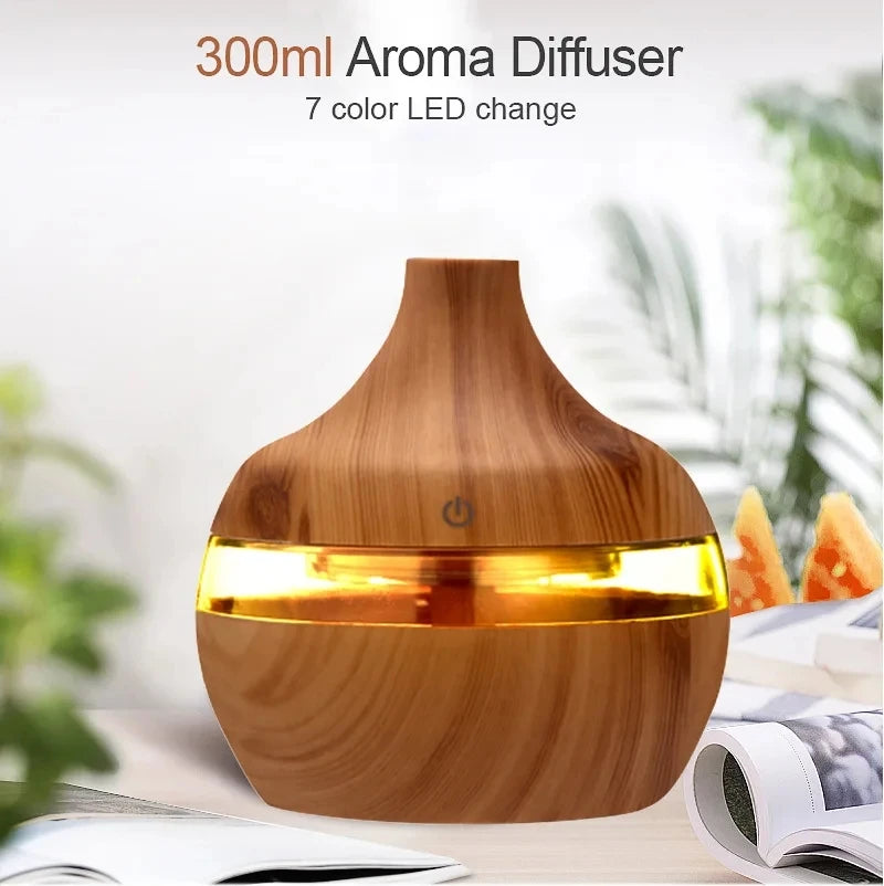 جهاز ترطيب هواء كهربائي وموزع روائح عطري بتصميم خشبي، يعمل بـالموجات فوق الصوتية، صانع رذاذ بارد للزيوت العطرية والعلاج با