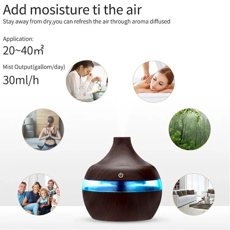 جهاز ترطيب هواء كهربائي وموزع روائح عطري بتصميم خشبي، يعمل بـالموجات فوق الصوتية، صانع رذاذ بارد للزيوت العطرية والعلاج با