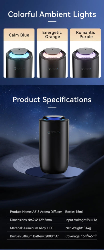 موزع روائح عطري محمول للسيارة، بـإعدادات قابلة للتعديل، تشغيل هادئ، يعمل مع الزيوت الأساسية والزيوت العطرية.